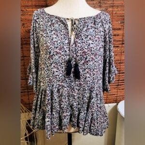 Rewind Floral Peplum Tassel Tie Top
